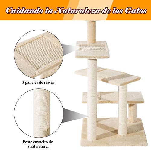 PawHut Árbol para Gato Rascador Poste para Arañar con Cama Plataforma con Manta de Sisal 50x50x100cm Terciopelo Beige