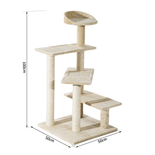 PawHut Árbol para Gato Rascador Poste para Arañar con Cama Plataforma con Manta de Sisal 50x50x100cm Terciopelo Beige