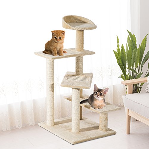 PawHut Árbol para Gato Rascador Poste para Arañar con Cama Plataforma con Manta de Sisal 50x50x100cm Terciopelo Beige