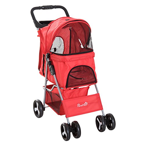 Pawhut Cochecito Plegable Mascotas 84x48x95cm Perro Gato Carrito Ruedas Giran 360º con Freno Rojo