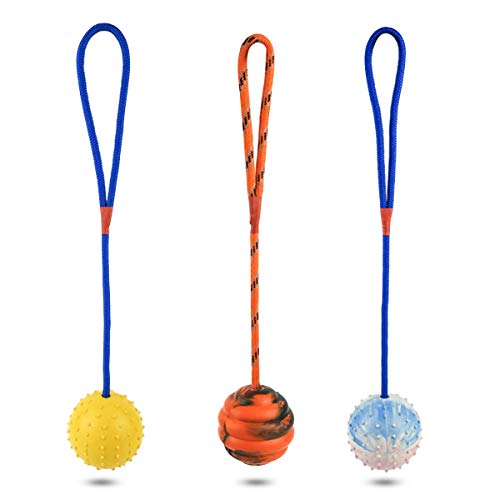 PETCUTE Juguete de Goma para Masticar Bolas para Perros Juguete con Cuerda Interactivo Cuerda con Bolas para Perro Cachorro 3 Piezas