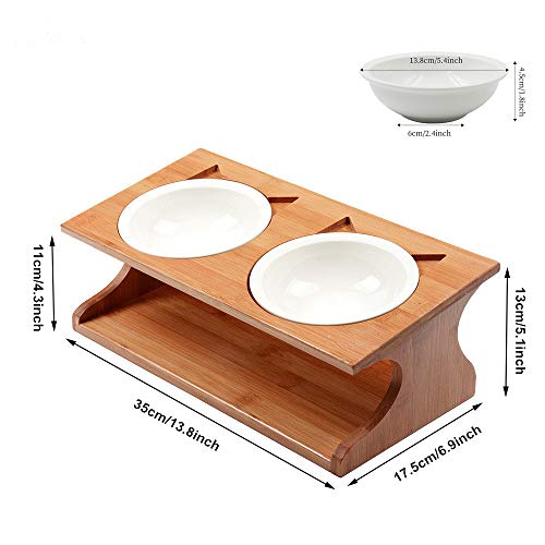 Petsoigné Cuenco para Gatos Perros Elevado Comedero Gato Perro en Cerámica/Acero Inoxidable con Soporte de Madera (2 Cuencos, Cerámica)