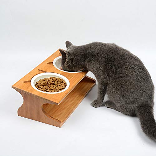 Petsoigné Cuenco para Gatos Perros Elevado Comedero Gato Perro en Cerámica/Acero Inoxidable con Soporte de Madera (2 Cuencos, Cerámica)