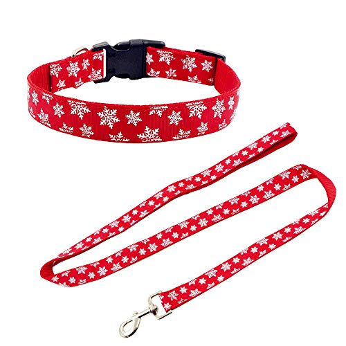 Petsoigné Set Collar y Correa para Perros Gatos Navidad Año Nuevo Collar Correa para Perro Nylon (S, Copo de Nieve)