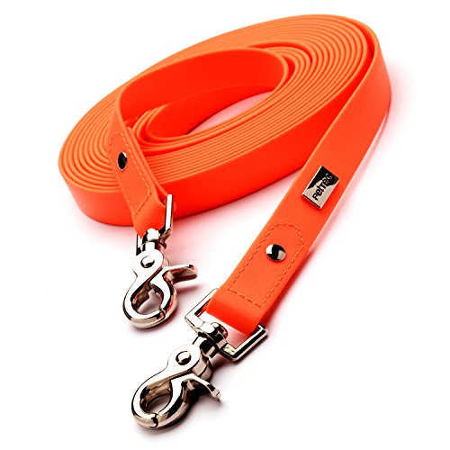 PetTec Correa de Perro Extra Larga de 5 m, Cómoda y Resistente; Fabricado con Trioflex, Resistente a la Intemperie e Impermeable, Duradero, Fino y Seguro - Naranja