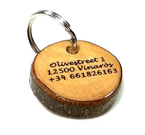 Placa Identificación para Perro y Gato, Etiqueta Identificativa Personalizada, Grabado de Nombre, Teléfono y Dirección, Madera Olivo, Llavero Acero Inoxidable, Pequeño, Mediano, Grande & Extra Grande