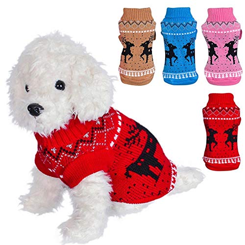 PONNMQ Ropa para Perros para Perros pequeños Invierno cálido suéter de Navidad para Mascotas Chaqueta de Abrigo para Perros Chihuahua Tejer Alces Camiseta Gato Chaleco Disfraz, L2, XS