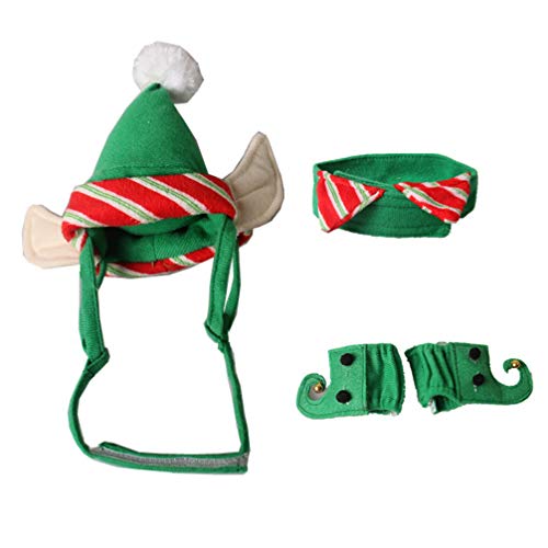 POPETPOP Disfraz de Gato Elfo de 4 Piezas - Disfraz de Gato Lindo de Navidad Ropa de Navidad Traje de Duende Verde para Mascotas pequeñas Accesorios de Disfraz de Gato