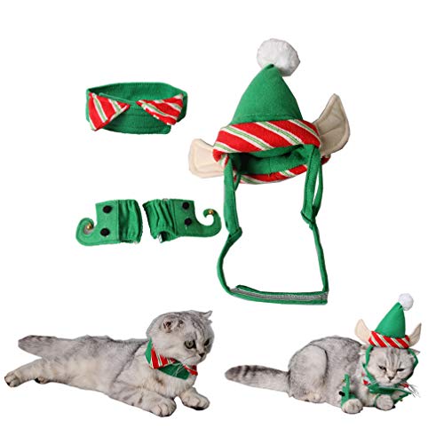 POPETPOP Disfraz de Gato Elfo de 4 Piezas - Disfraz de Gato Lindo de Navidad Ropa de Navidad Traje de Duende Verde para Mascotas pequeñas Accesorios de Disfraz de Gato