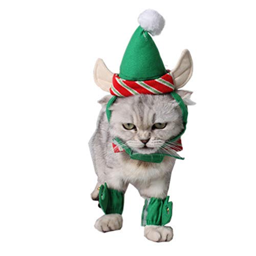 POPETPOP Disfraz de Gato Elfo de 4 Piezas - Disfraz de Gato Lindo de Navidad Ropa de Navidad Traje de Duende Verde para Mascotas pequeñas Accesorios de Disfraz de Gato