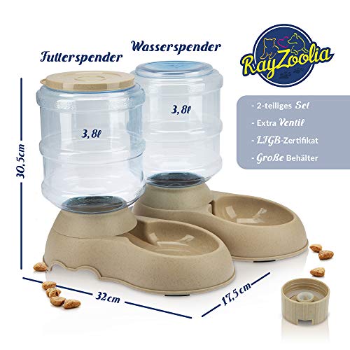 RayZoolia Premium - Dispensador de Agua y Comida automático para Gatos y Perros, Apto para Alimentos, Especialmente Grande (3,8 litros), Incluye válvula de Repuesto