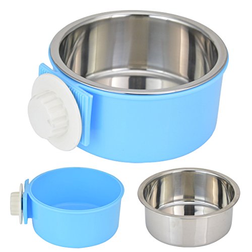 ShareWe Cuencos para Perro Gato Animal Mascotas Acero Inoxidable Platos 2 en 1 Colgando Cuenco Comedero para Gatos Perros Conejos Pequeño Animal Comida y Agua (Azul)