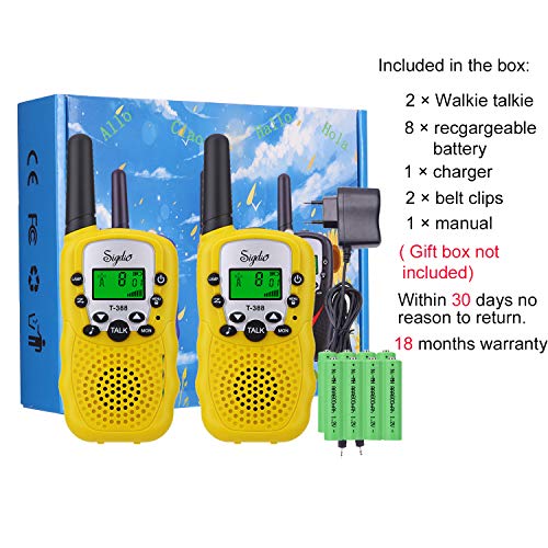 Sigdio T-388 Walkie Talkie Niños PMR 446 Walky Talky con Batería Recargable y Cargador Walki Talki Función VOX 8 Canales 0,5 W pantalla LCD Walkie Talkie Recargable Niños (Amarillo, 8 Batería)