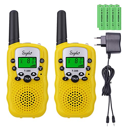 Sigdio T-388 Walkie Talkie Niños PMR 446 Walky Talky con Batería Recargable y Cargador Walki Talki Función VOX 8 Canales 0,5 W pantalla LCD Walkie Talkie Recargable Niños (Amarillo, 8 Batería)