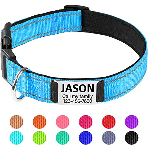 TagME Collar de Perro Reflectante Personalizado,Placa de Acero Inoxidable,Grabado con Nombre y Número de Teléfono,Deslizar en Las Etiquetas de Identificación del Perro,Azul Claro