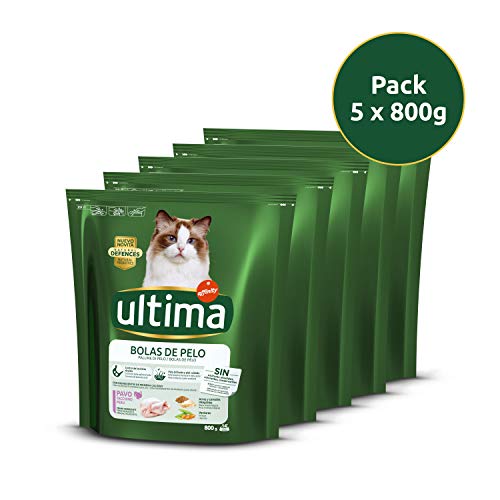 Ultima Pienso para Gatos para Prevenir Bolas de Pelo con Pavo, Pack de 5 x 800gr - Total: 2.4kg