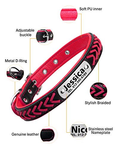 Vcalabashor Cuero personalizada collar de perro, placa de acero inoxidable grabado 23.5-30cm Fuchsia