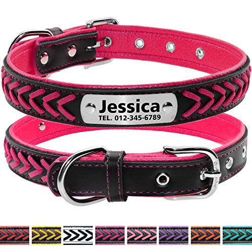 Vcalabashor Cuero personalizada collar de perro, placa de acero inoxidable grabado 23.5-30cm Fuchsia