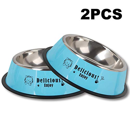 WENTS Comedero Acero Inoxidable 2PCS Gato y Mascotas de comedero Perro antivoracidad, Base de Silicona Antideslizante-Azul