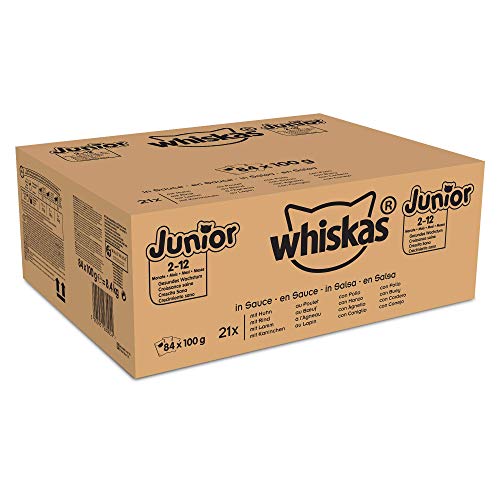 Whiskas Junior - Sachets Fraîcheur pour Jeune Chat et Chaton (2-12 Mois), Sélection Classique en Sauce, 84 Sachets Repas de 100 G