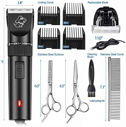 WRJY Aseo de Mascotas Clippers Profesional inalámbrico de bajo Ruido Recargable del Condensador de Ajuste del Pelo de Afeitar eléctrica Kit con 4 Peine para Perros, Gatos y Otras Mascotas