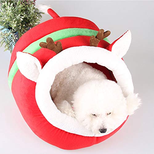 XHPWW Cama Nido para Perros cómoda y cálida, Lindo Modelo de Reno navideño Cama para Gatos Casa Desmontable y Lavable Cama Cueva para Gatos y Perros pequeños (Rojo)-L