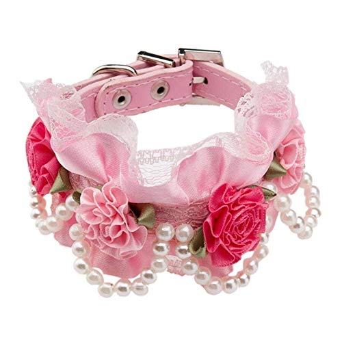 Yililay Ornamento de la Moda para Mascotas Cuello de Encaje cordón Elegante Flor de la Perla del Collar de Perro de Perrito del Gato (Rosa, S), Suministros para Mascotas Accesorios