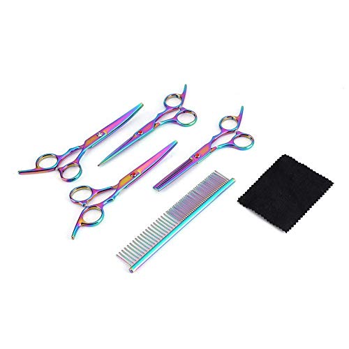 Yosoo coloré Kit de Tijeras animales multifunción kit de acicalado profesional para perro Gatos - 2 tijeras curvas + tijeras de dilatación + tijeras de corte + peine + caja de almacenaje