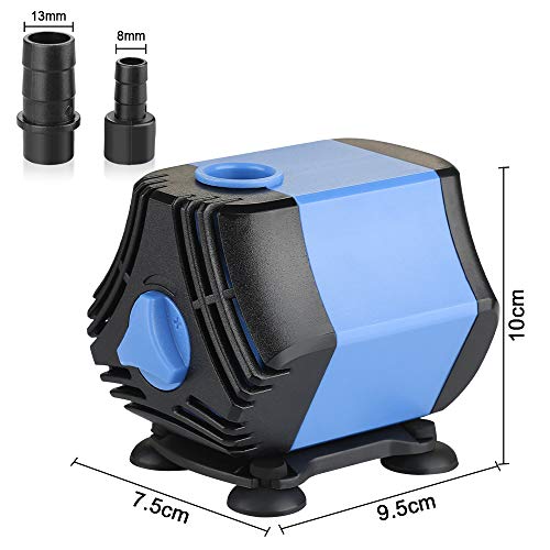 Zacro Bomba Sumergible Bomba de Agua 650L / H, Bomba de Agua Ultra Silencioso de 10W con 4 Ventosas y 2 Boquillas (13/8 mm) para Acuario, Pecera, Jardín, Fuente, Estanque