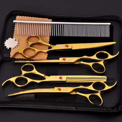 440C Perro/Gato Herramienta de la preparación Kit de Rectas y Curvas Tijeras Adelgazamiento y 4 Piezas con Peine para Lefty Groomer,Oro