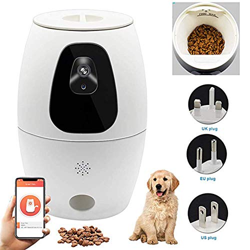 Alimentador automático para mascotas DishyKooker, alimentador inteligente con aplicación de cámara, detección de movimiento, dispensador de comida de alta capacidad, enchufe británico, color blanco