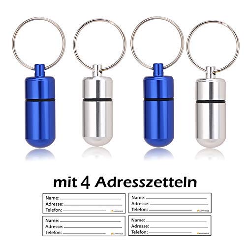 AMATHINGS 4 Piezas ! (Paquete Doble) Etiqueta de dirección Mini (3 cm de Longitud) en Plateado y Azul para Perros Grandes y pequeños/Gatos con Etiquetas de dirección/a Prueba de Agua