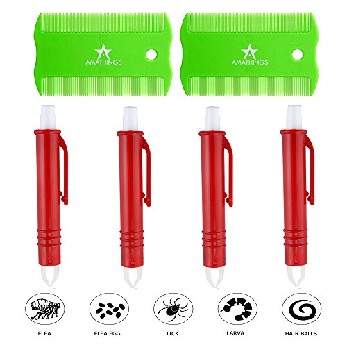 amathings 6 Piel Cuidado Juego en Verde/Rojo para Perros y Gatos con 4 de garrapatas de alicates/garrapatas Pinzas y 2 Unidades de Peine antipiojos/garrapatas Peine