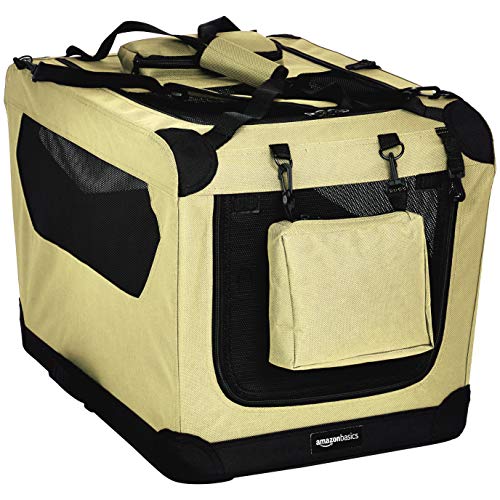 AmazonBasics – Transportín para mascotas abatible, transportable y suave de gran calidad, 66 cm, Caqui