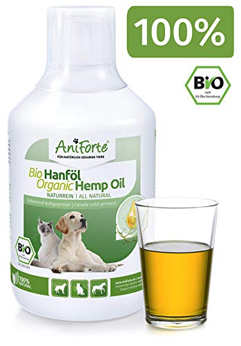 AniForte aceite de cáñamo orgánico prensado en frío para perros, gatos y caballos 500ml - 100% de aceite de cáñamo puro como aditivo BARF, producto natural de primera calidad