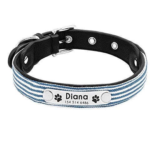 AOMEO Collar De Perro De Perrito Personalizado Collares De Gato Personalizados Ajustables Grabado De Rayas A Cuadros Gratis para Perros Pequeños Medianos （1.5 * 26-34Cm） Azul