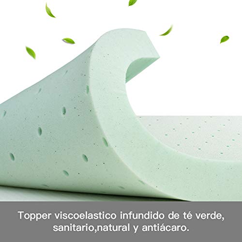 BedStory [Infusión de Té Verde Natural Topper Colchón 150x190x5cm con Infusión de Té Verde Natural, Anti-ácaros y Transpirable, Sobrecolchón Viscoelastico con Cubierta Desmontable y Lavable