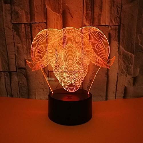 BFMBCHDJ Nueva cabeza de oveja animal 3D Cordero de luz 3D Toque colorido LED Luz de visión USB Regalo 3D Lámpara de mesa pequeña A1 Base negra