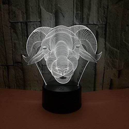 BFMBCHDJ Nueva cabeza de oveja animal 3D Cordero de luz 3D Toque colorido LED Luz de visión USB Regalo 3D Lámpara de mesa pequeña A1 Base negra