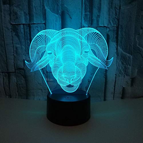 BFMBCHDJ Nueva cabeza de oveja animal 3D Cordero de luz 3D Toque colorido LED Luz de visión USB Regalo 3D Lámpara de mesa pequeña A1 Base negra