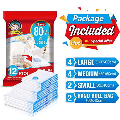 BoxLegend Bolsas de Almacenaje al Vacío 12 Piezas Tipo Grueso 4*100x80 + 4*80x60 + 4*60x40cm Bolsas de Vacio Ahorro de Espacio Almacenaje al Vacío Para Guardar Ropa, Edredones, Almohadas, Mantas