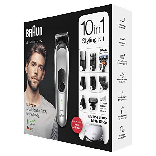 Braun MGK7020 10 en 1, Máquina recortadora barba y cortapelos todo en uno con afeitadora cuerpo, nariz y orejas, afeitadora mini, detalles, color negro/plata