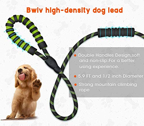 Bwiv Correa para Perros Correr 1.8M Resistente Nylón Fuerte con Mango Acolchado Doble Asa Cómodo Antideslizantes Reflectantes para Grandes Medianos (Talla única, Negro Verde)