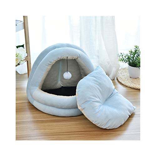 Cama nido para mascotas suave para perros, acogedora cueva para perros y gatos, casa para perros a prueba de viento, bolsa de dormir para gatos que se esconde térmicamente con cojín extraíble (azul