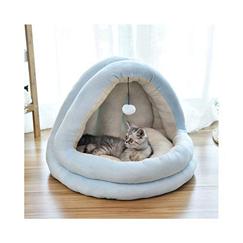 Cama nido para mascotas suave para perros, acogedora cueva para perros y gatos, casa para perros a prueba de viento, bolsa de dormir para gatos que se esconde térmicamente con cojín extraíble (azul