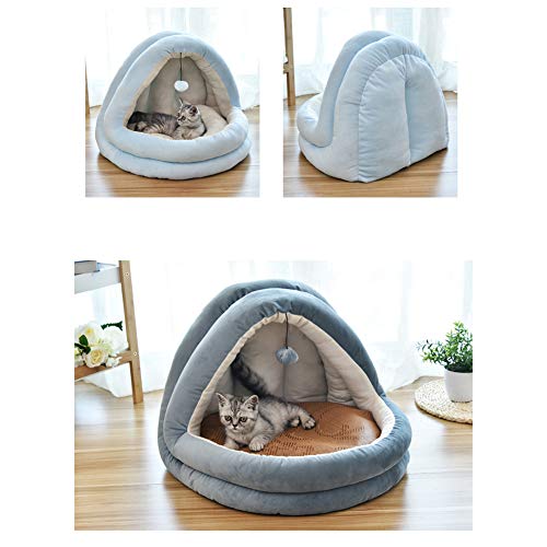 Cama nido para mascotas suave para perros, acogedora cueva para perros y gatos, casa para perros a prueba de viento, bolsa de dormir para gatos que se esconde térmicamente con cojín extraíble (azul