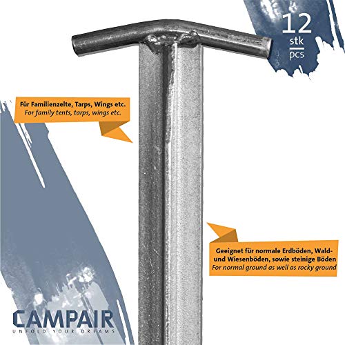 CampAir Piquetas para Tienda de campaña, 40cm, Perfil de T, Acero galvanizado, Extra Largo, 12 Unidades