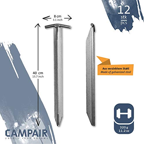 CampAir Piquetas para Tienda de campaña, 40cm, Perfil de T, Acero galvanizado, Extra Largo, 12 Unidades