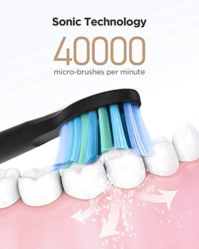 Cepillo Electrico Dientes-Fairywill Cepillo Dientes Sonico con 5 Modos de Cepillado, Carga 4 Horas por 30 Días, 3 Recambio Cabezales, IPX7 Impermeable Negro(FW-507)