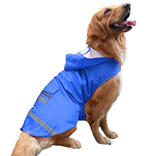 Chubasquero Perro Mediano y Grande Impermeables con Capucha y Tiras Reflectoras Seguras con Bolsillo Poncho con Cordón Ajustable Labrador Golden Retriever HULKY(Azul,XXXXXL)